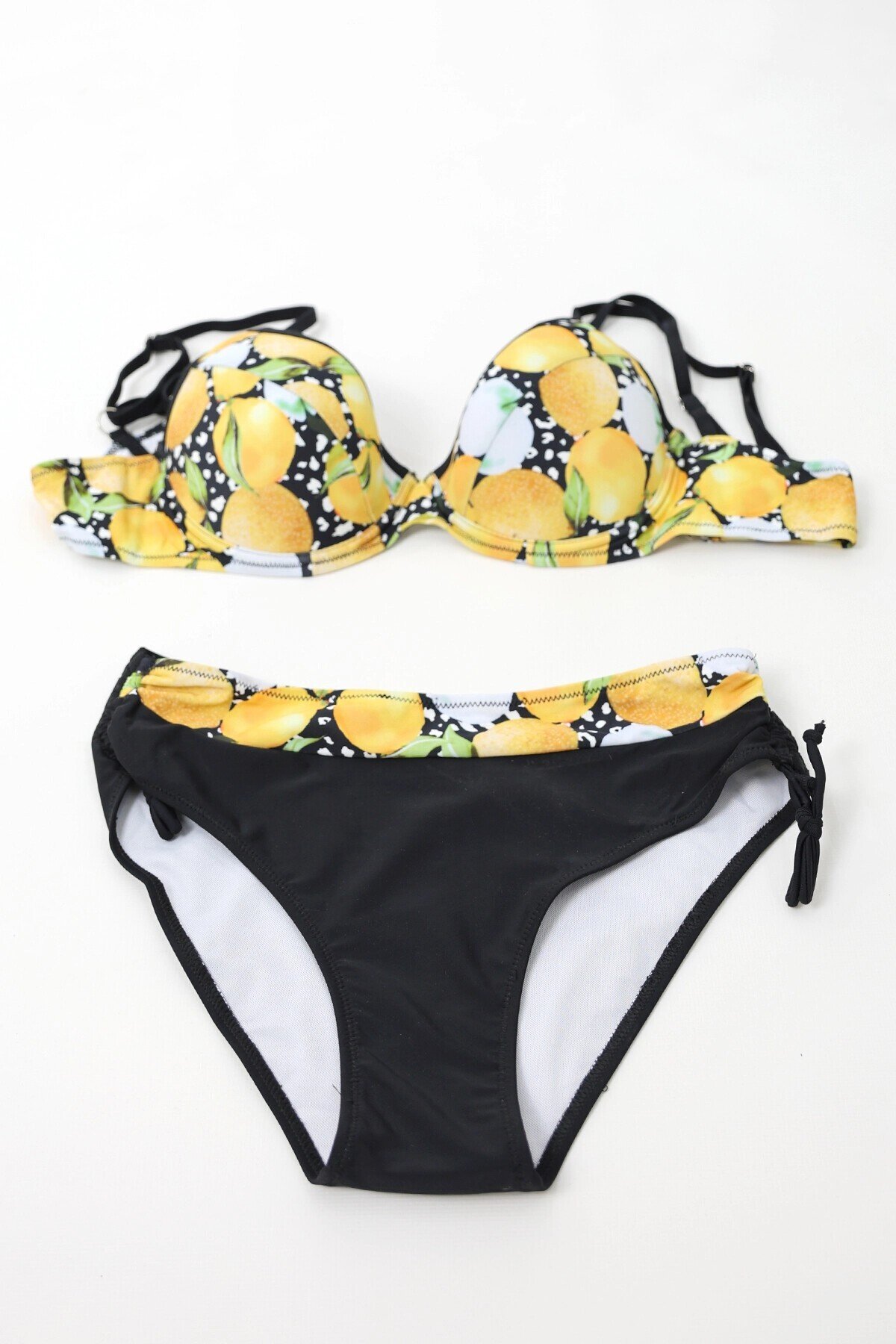 Kadın Sarı Siyah Limon Desenli İp Askılı Yüksek Bel Büyük Beden Bikini Takım HZL24S-LC3348