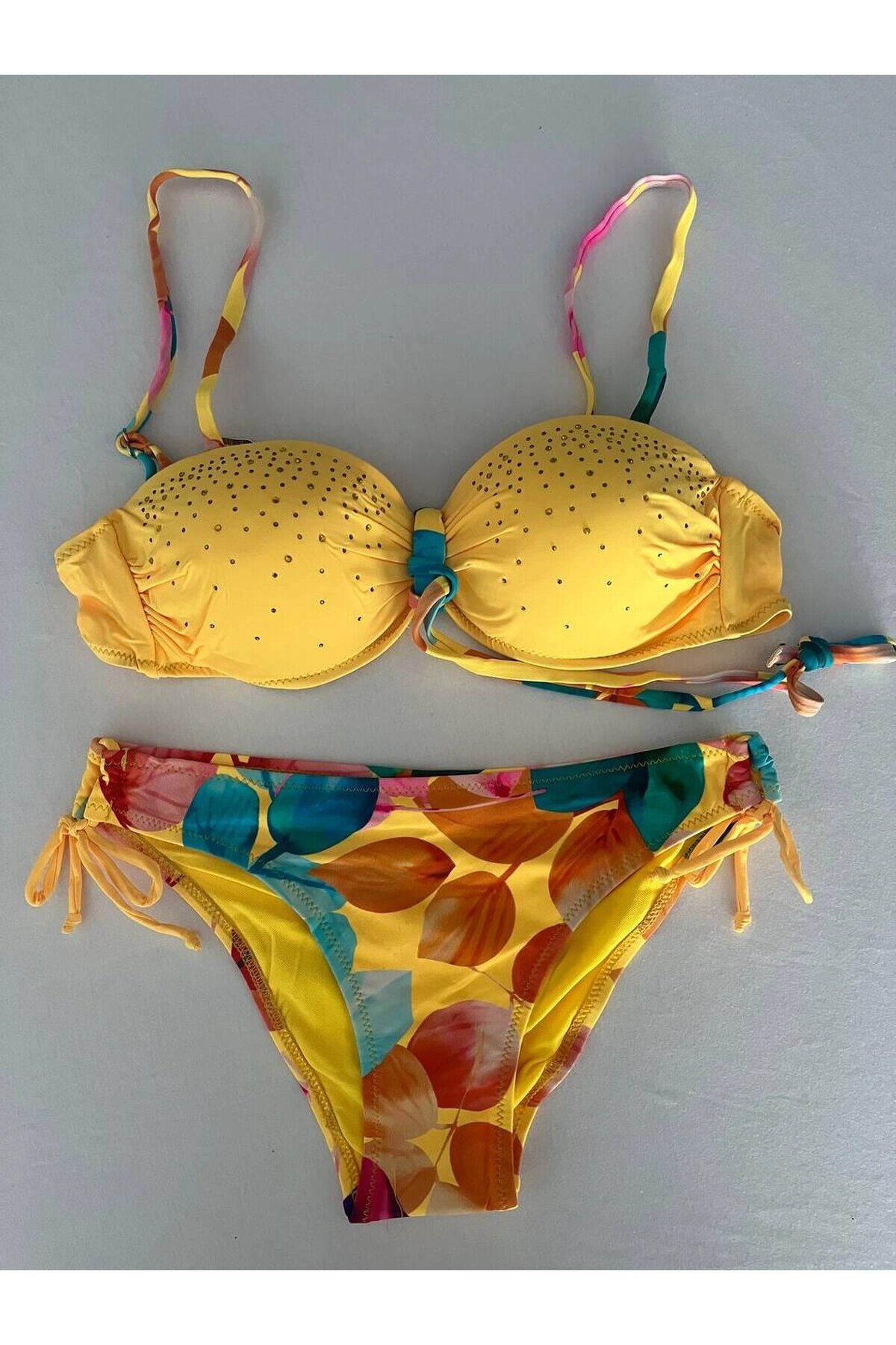 Kadın Sarı Taş İşlemeli Astarlı Bikini Takım HZL25S-LC207