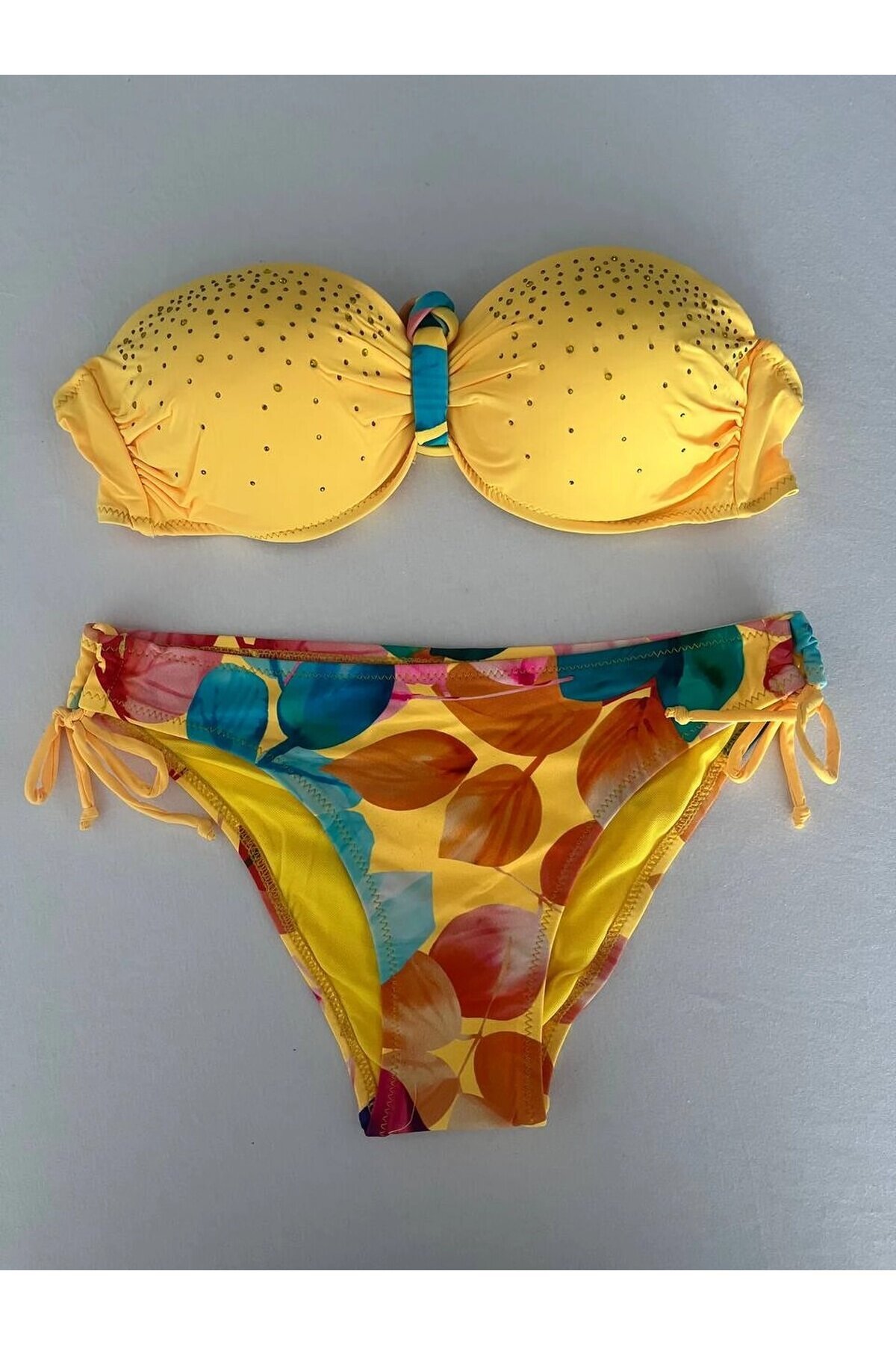 Kadın Sarı Taş İşlemeli Astarlı Bikini Takım HZL25S-LC207