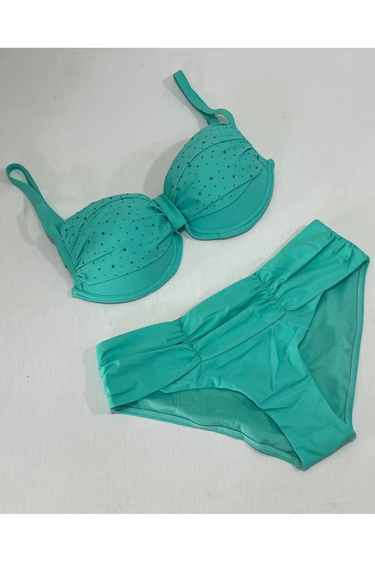 Kadın Turkuaz Taş İşlemeli Astarlı Büyük Beden Bikini Takımı HZL25S-LC01