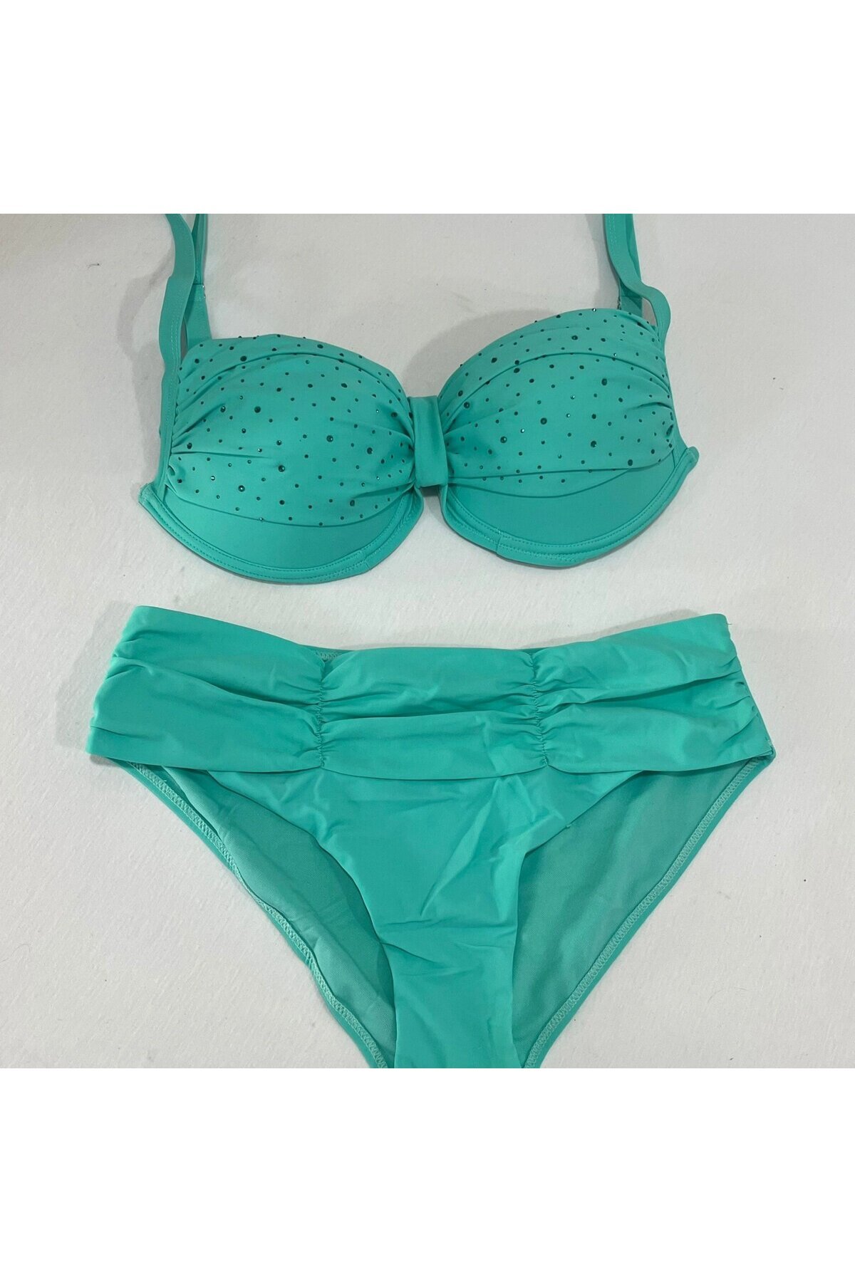 Kadın Turkuaz Taş İşlemeli Astarlı Büyük Beden Bikini Takımı HZL25S-LC01