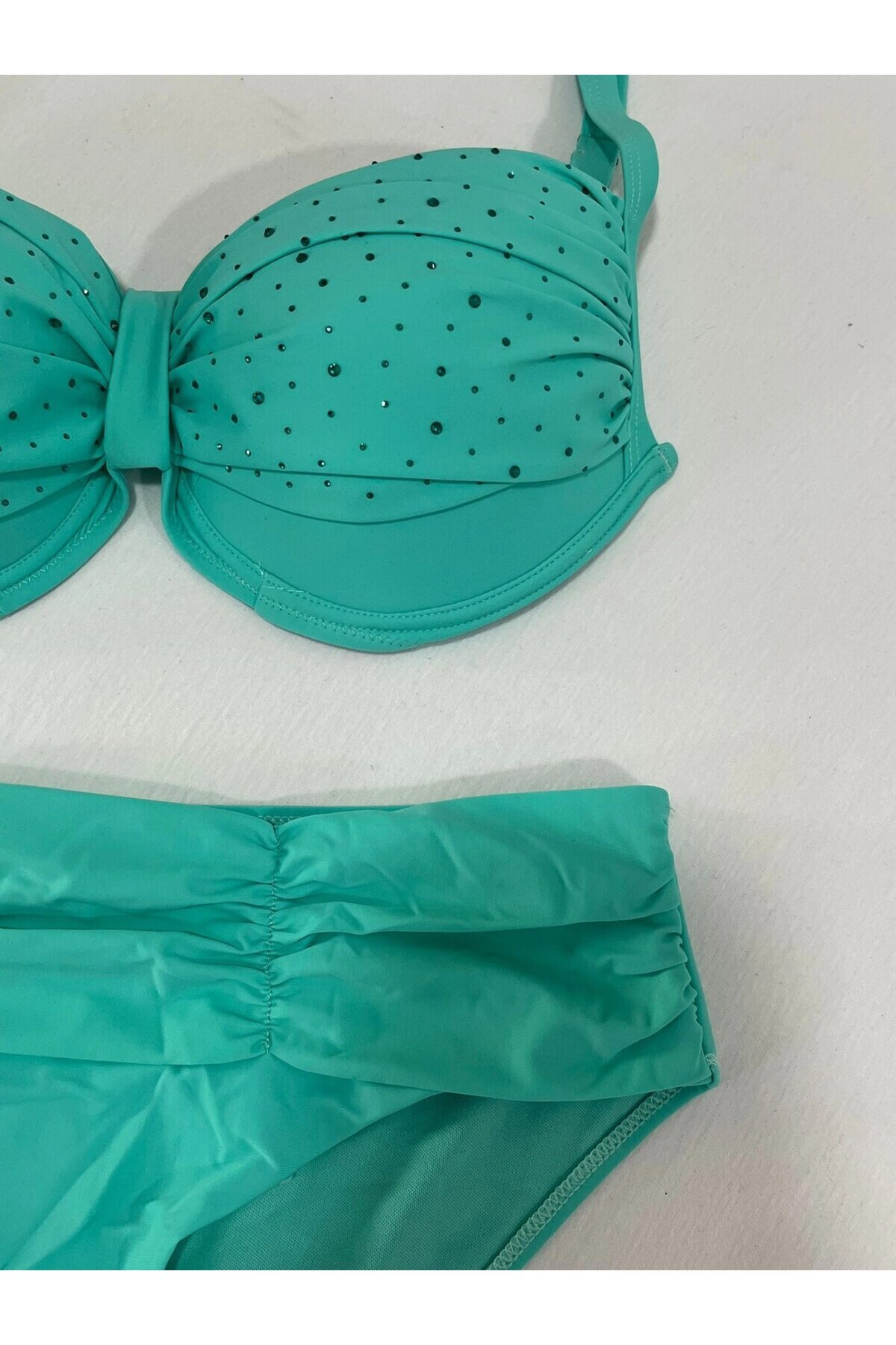 Kadın Turkuaz Taş İşlemeli Astarlı Büyük Beden Bikini Takımı HZL25S-LC01