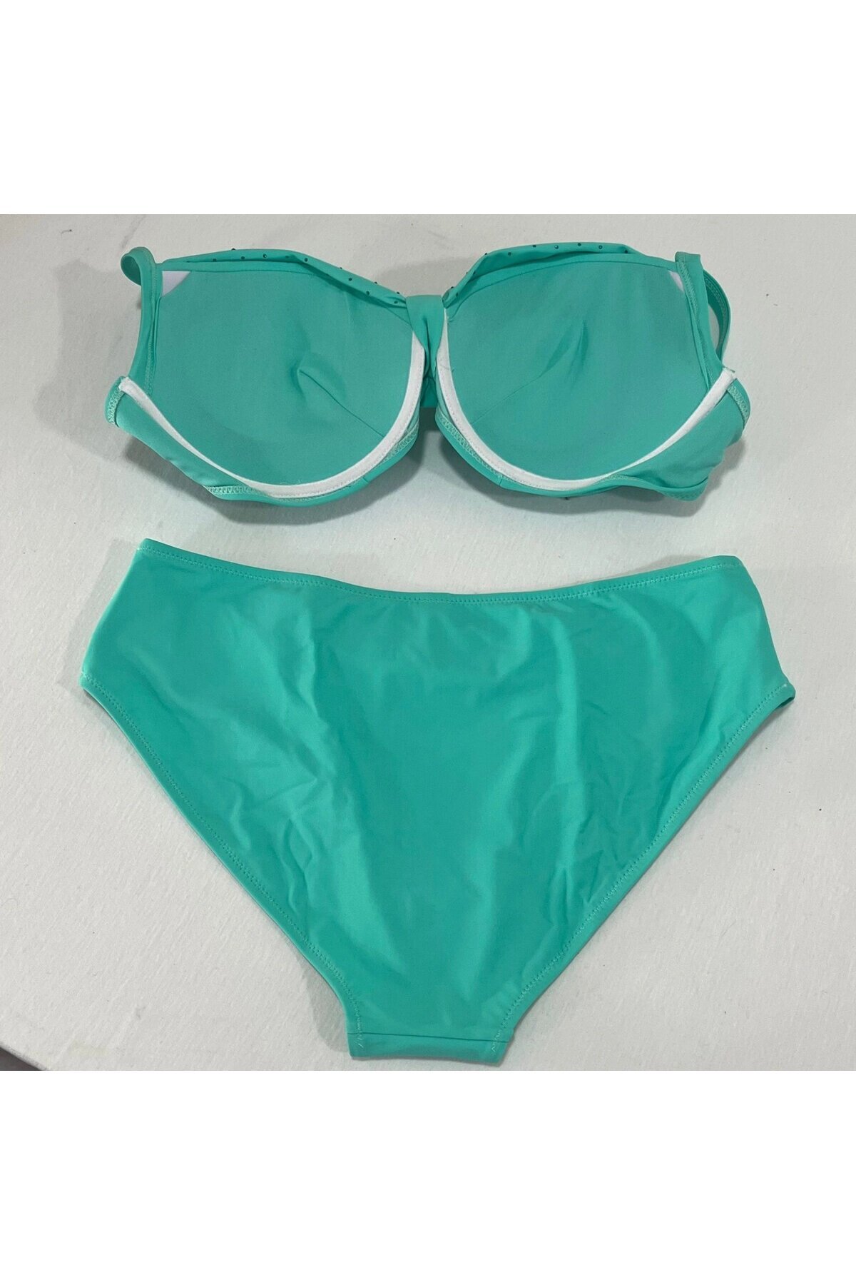 Kadın Turkuaz Taş İşlemeli Astarlı Büyük Beden Bikini Takımı HZL25S-LC01