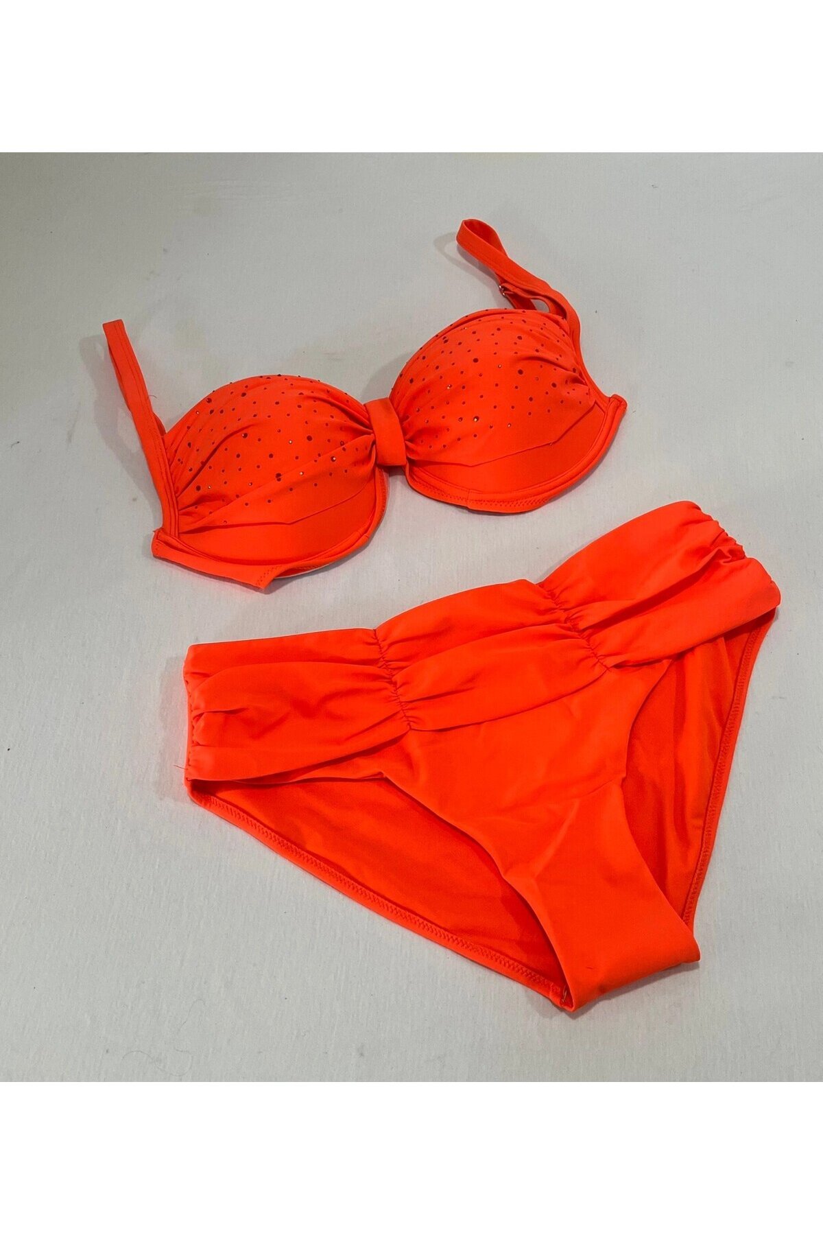 Kadın Turuncu Taş İşlemeli Astarlı Büyük Beden Bikini Takımı HZL25S-LC01