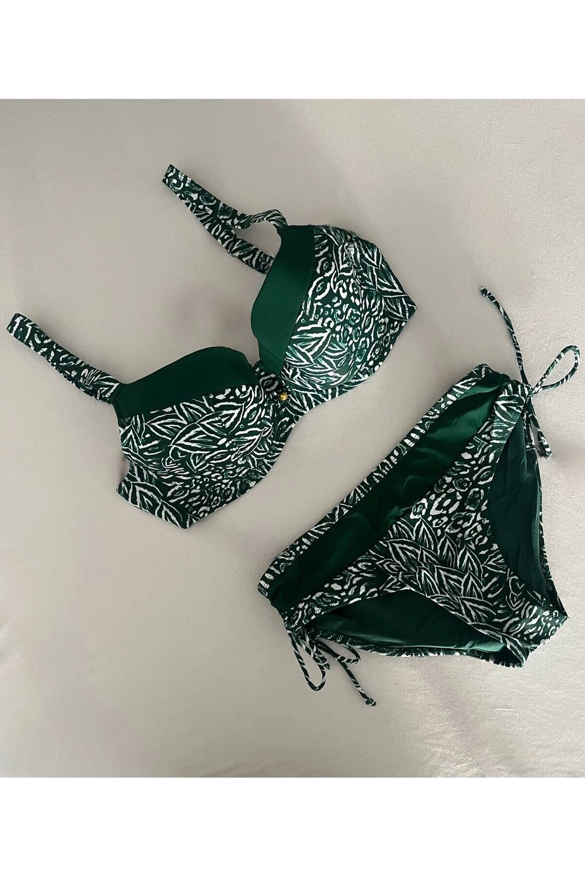Kadın Yeşil Beyaz Desenli Büyük Beden Astarlı Bikini Takım HZL25S-LC4006
