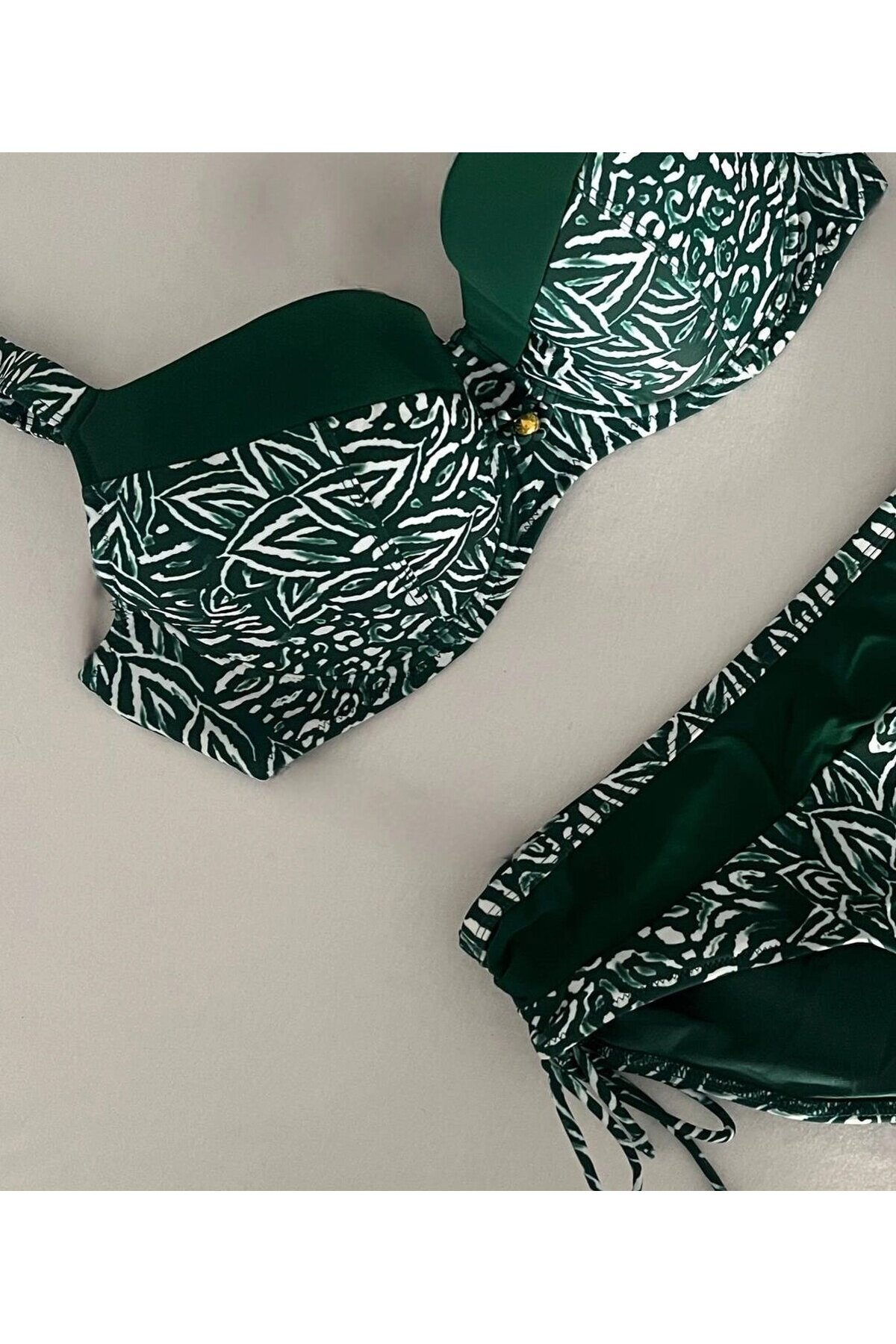 Kadın Yeşil Beyaz Desenli Büyük Beden Astarlı Bikini Takım HZL25S-LC4006