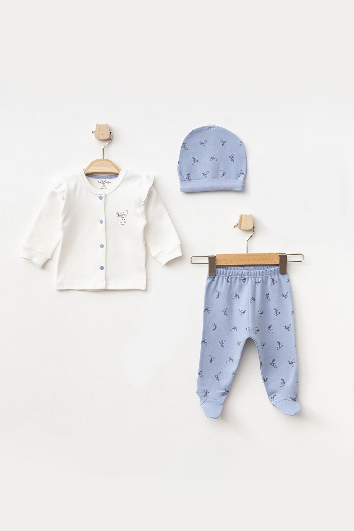 Kız Bebek Kuş Desenli Zıbın Pantolon Bere 3 lü Alt Üst Bebek Takımı 0 Ay-6 Ay