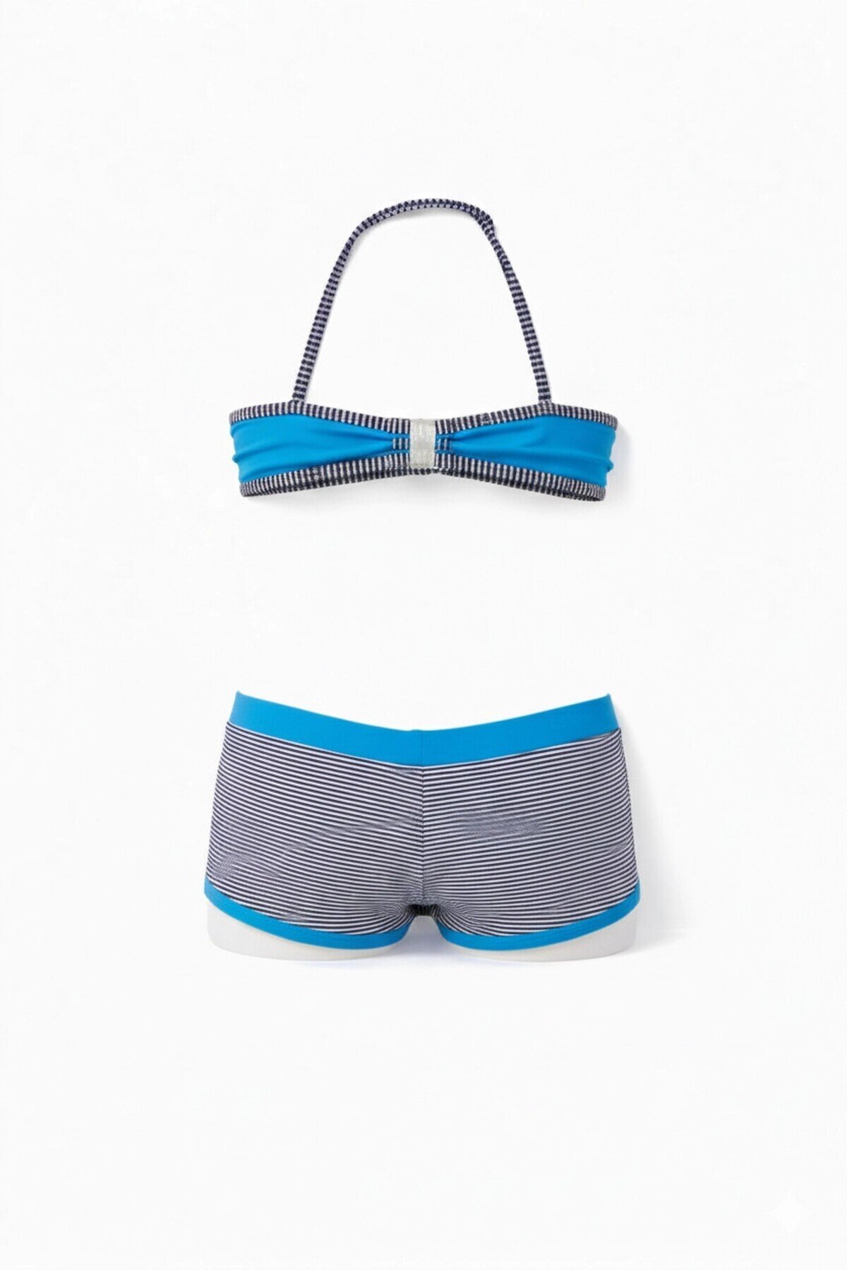 Kız Çocuk Mavi Siyah Çizgili Şortlu 4-12 Yaş Straplez Bikini Takım HZL24S-LC9034