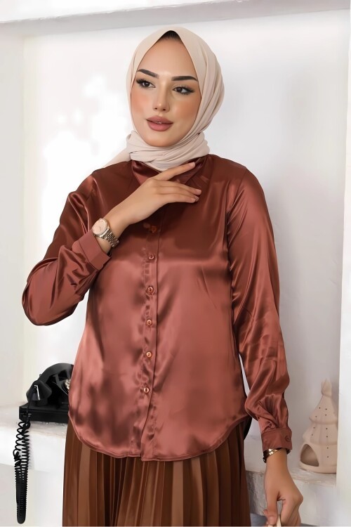 Kadın Bakır Saten Yüzeyli Tesettür Gömlek HZL25W-BD139641