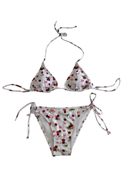 Kadın Beyaz Kiraz Temalı Boyundan İp Bağlamalı Üçgen Bikini Takımı HZL25S-LC5005
