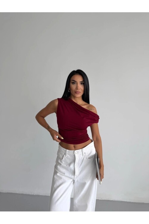 Kadın Bordo Yandan Drapeli Kayık Yaka Sandy Bluz HZL25S-FRY123201