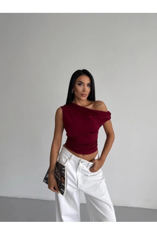 Kadın Bordo Yandan Drapeli Kayık Yaka Sandy Bluz HZL25S-FRY123201