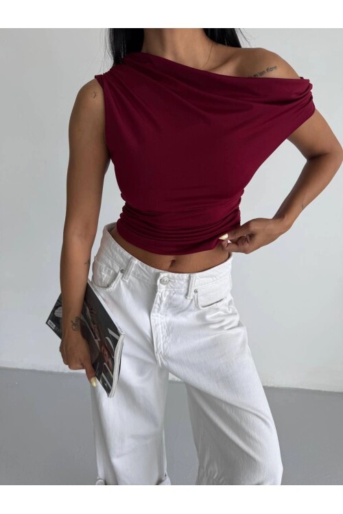 Kadın Bordo Yandan Drapeli Kayık Yaka Sandy Bluz HZL25S-FRY123201