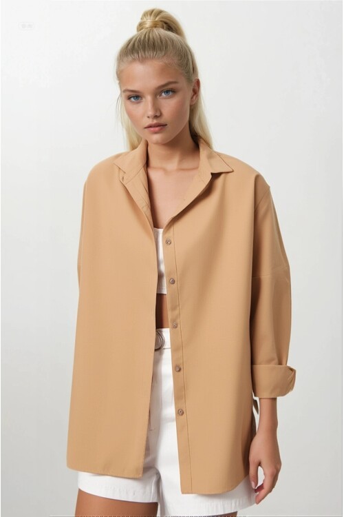 Kadın Camel Oversize Uzun Basic Gömlek  HZL22W-BD139001