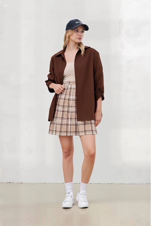 Kadın Çikolata Oversize Uzun Basic Gömlek Hzl22w-bd139001