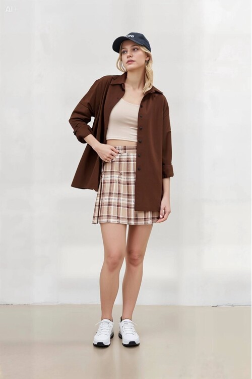 Kadın Çikolata Oversize Uzun Basic Gömlek Hzl22w-bd139001