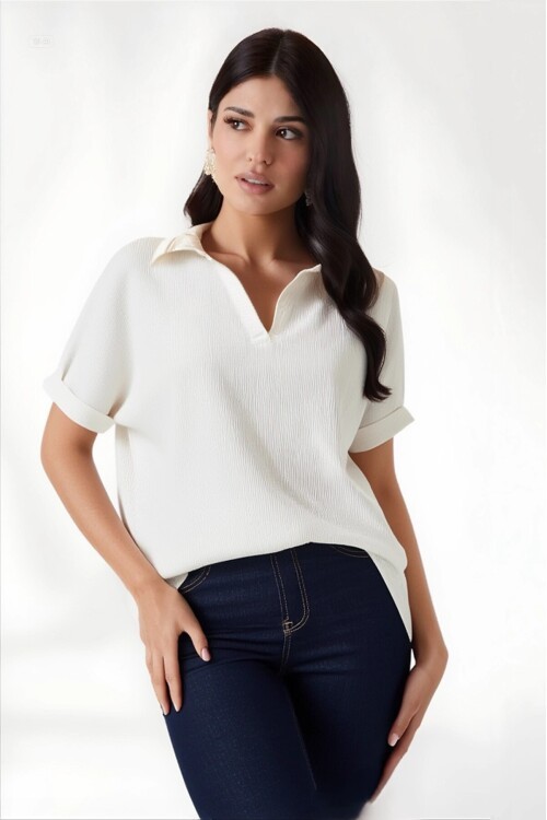 Kadın Ekru Polo Yaka Geniş Kesim Örme Bluz HZL24S-BD104861