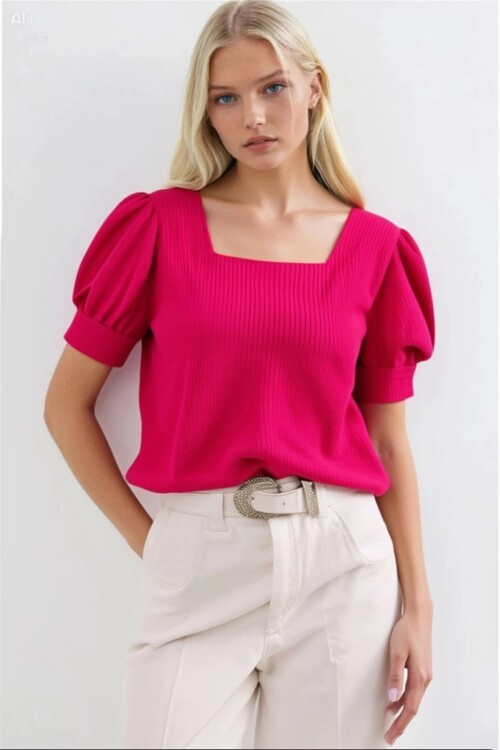 Kadın Fuşya Kare Yaka Örme Bluz HZL22W-BD104091