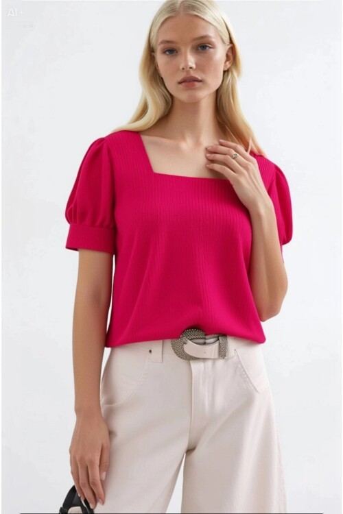 Kadın Fuşya Kare Yaka Örme Bluz HZL22W-BD104091