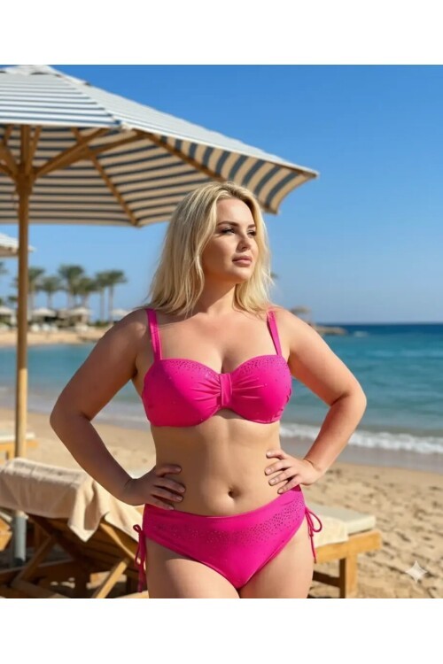 Kadın Fuşya Taş İşlemeli Astarlı Bikini Takım HZL25S-LC3361