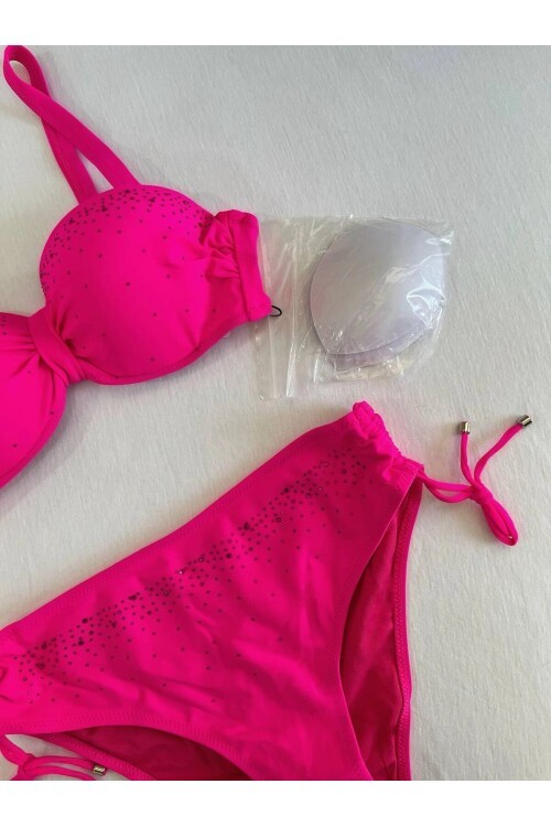 Kadın Fuşya Taş İşlemeli Astarlı Bikini Takım HZL25S-LC3361