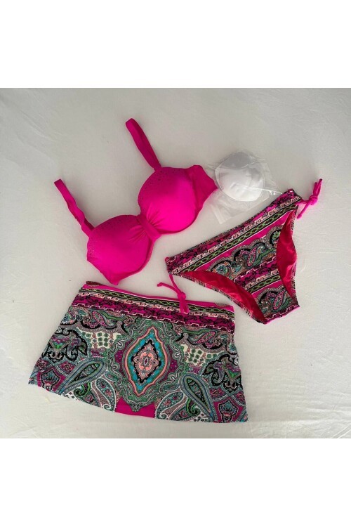 Kadın Fuşya Taş İşlemeli Desenli 3 Parça Bikini Takım HZL25S-LC3326