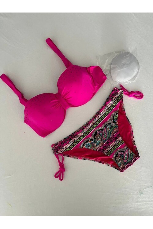 Kadın Fuşya Taş İşlemeli Desenli 3 Parça Bikini Takım HZL25S-LC3326