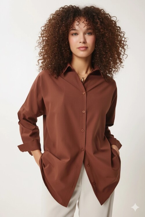 Kadın Kahverengi Oversize Uzun Basic Gömlek Hzl22w-bd139001