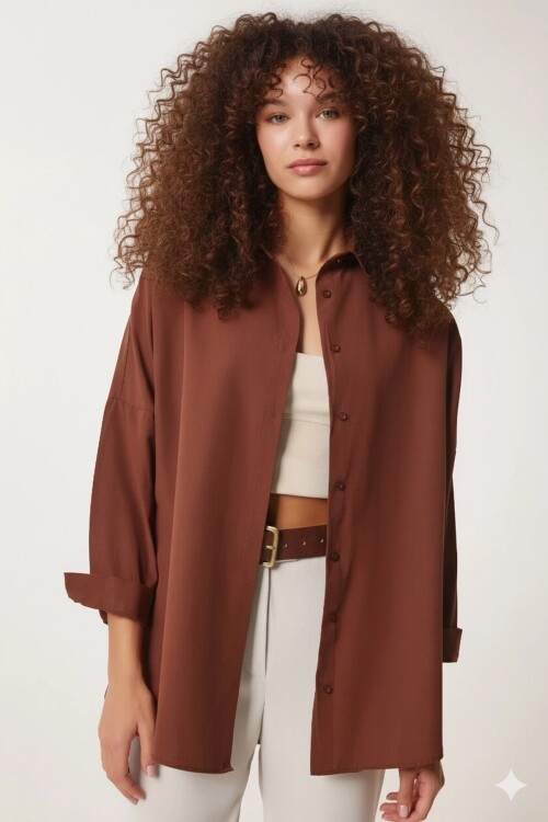 Kadın Kahverengi Oversize Uzun Basic Gömlek Hzl22w-bd139001