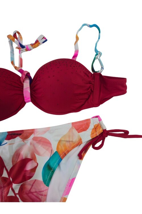 Kadın Kırmızı Taş İşlemeli Astarlı Bikini Takım HZL25S-LC207