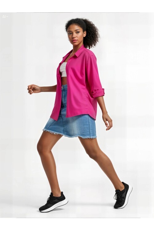 Kadın Koyu Pembe Oversize Uzun Basic Gömlek HZL22W-BD139001