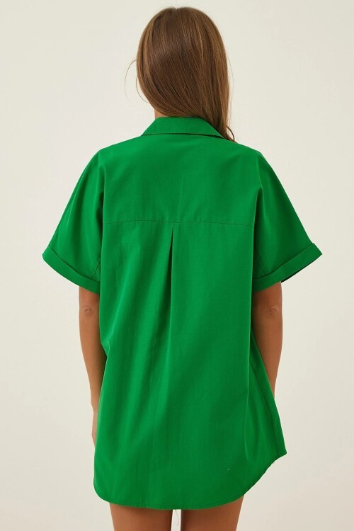 Kadın Koyu Yeşil Oversize Uzun Kısa Kollu Basic Poplin Gömlek HZL22S-BD1201201