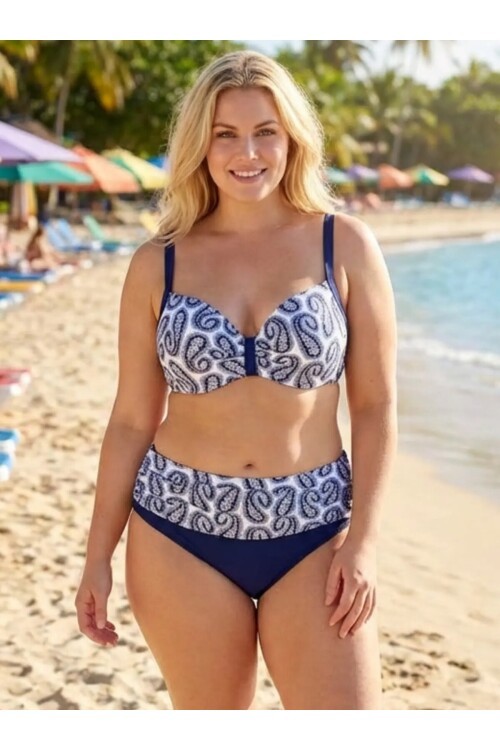 Kadın Lacivert Beyaz Etnik Desen Büyük Beden Bikini Takımı HZL25S-LC213