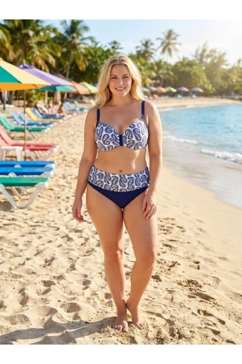 Kadın Lacivert Beyaz Etnik Desen Büyük Beden Bikini Takımı HZL25S-LC213