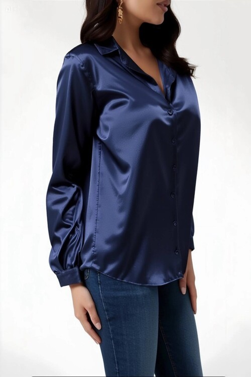 Kadın Lacivert Hafif Dökümlü Saten Yüzeyli Gömlek HZL22W-BD139641