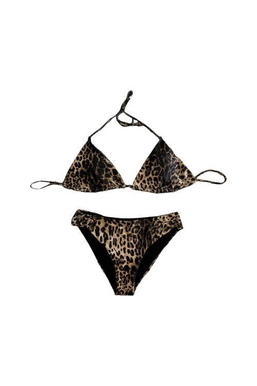 Kadın Leopar Desen Boyundan Bağlamalı Etekli  Bikini Takımı HZL25S-LC3220