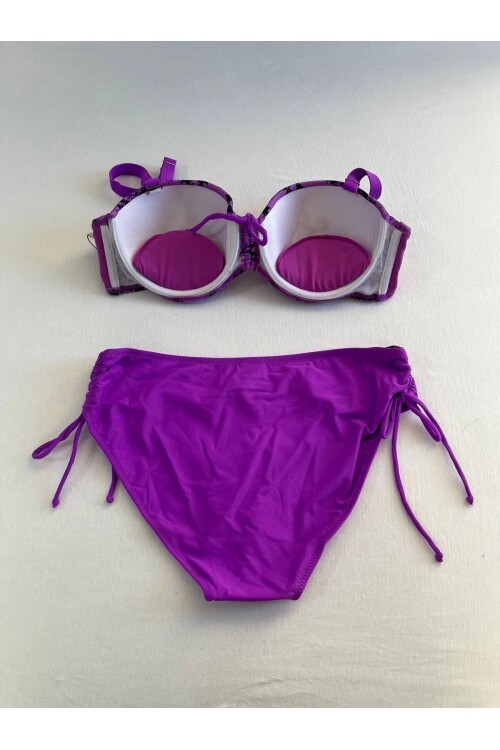 Kadın Lila Siyah Desenli Taş İşlemeli Toparlayıcı Büyük Beden  Bikini Takım HZL25S-LC3333
