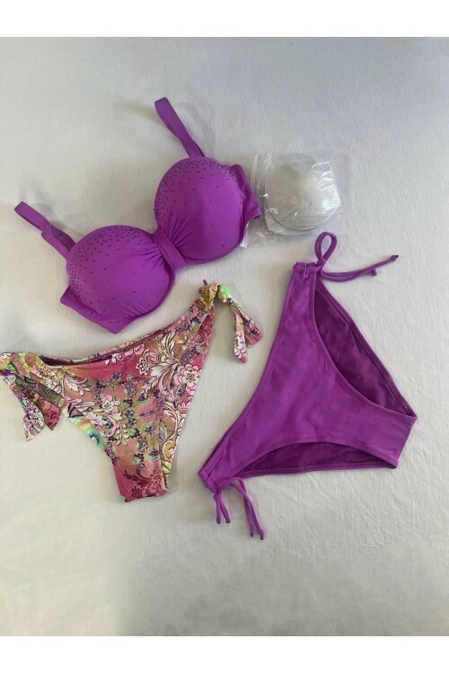 Kadın Lila Taş İşlemeli 3 Parça Bikini Takım HZL25S-LC3315