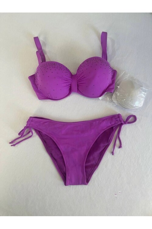 Kadın Lila Taş İşlemeli 3 Parça Bikini Takım HZL25S-LC3315