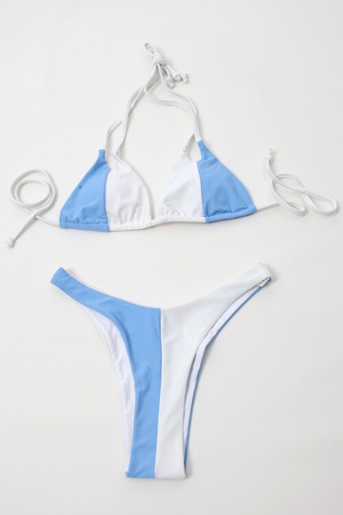 Kadın Mavi Beyaz İp Bağlamalı Yüksel Bel Bikini Takım HZL24S-LC2230