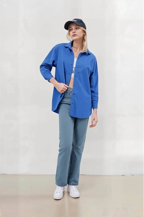 Kadın Mavi Oversize Uzun Basic Gömlek HZL22W-BD139001
