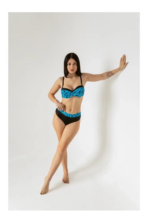 Kadın Mavi Siyah Desenli Astarlı Büyük Beden Bikini Takımı HZL25S-LC25143