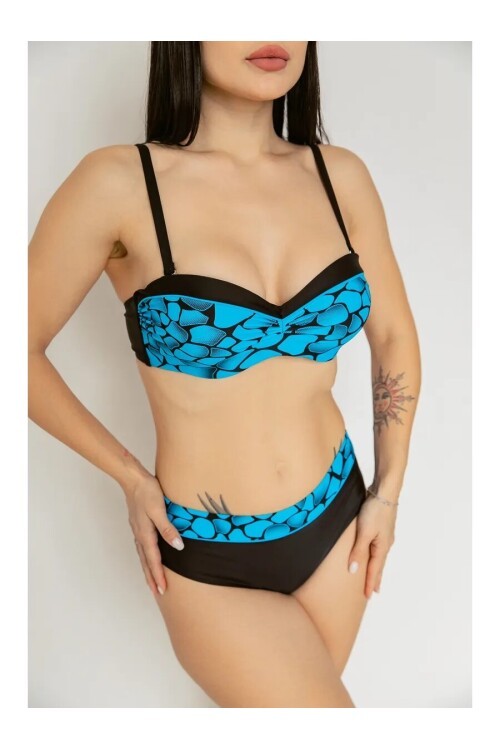Kadın Mavi Siyah Desenli Astarlı Büyük Beden Bikini Takımı HZL25S-LC25143