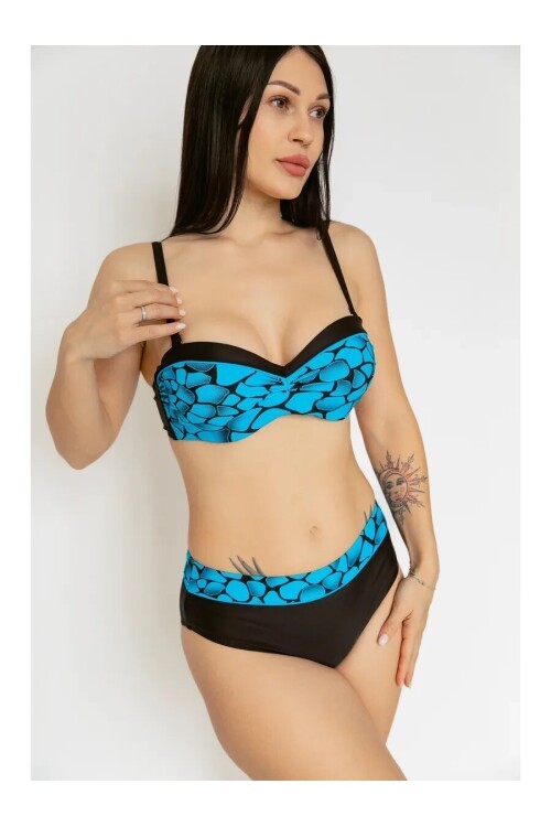 Kadın Mavi Siyah Desenli Astarlı Büyük Beden Bikini Takımı HZL25S-LC25143