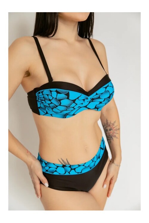 Kadın Mavi Siyah Desenli Astarlı Büyük Beden Bikini Takımı HZL25S-LC25143