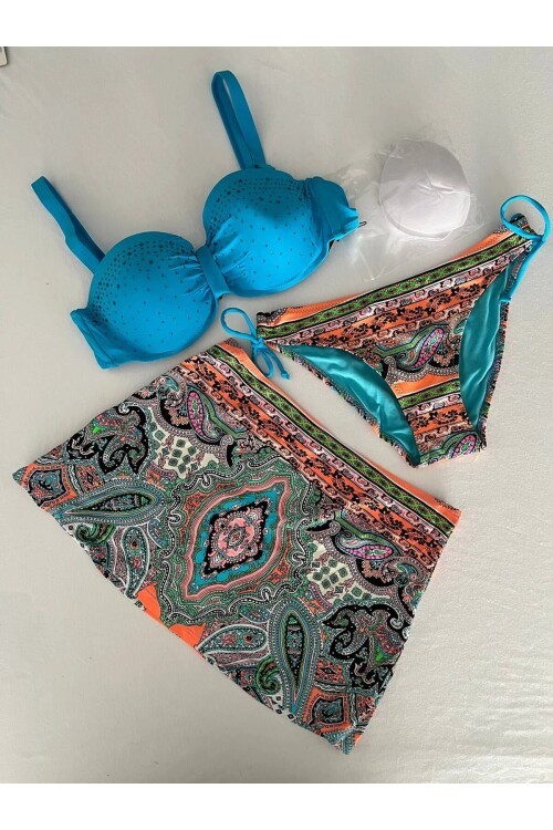 Kadın Mavi Taş İşlemeli Desenli 3 Parça Bikini Takım HZL25S-LC3326