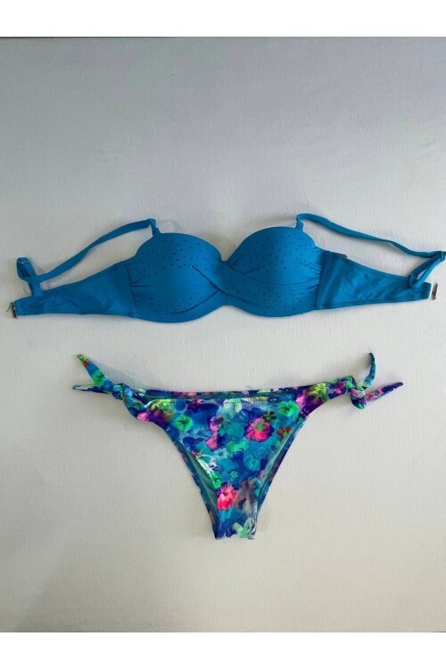 Kadın Mavi Taş İşlemeli Desenli Astarlı Bikini Takım HZL25S-LC203