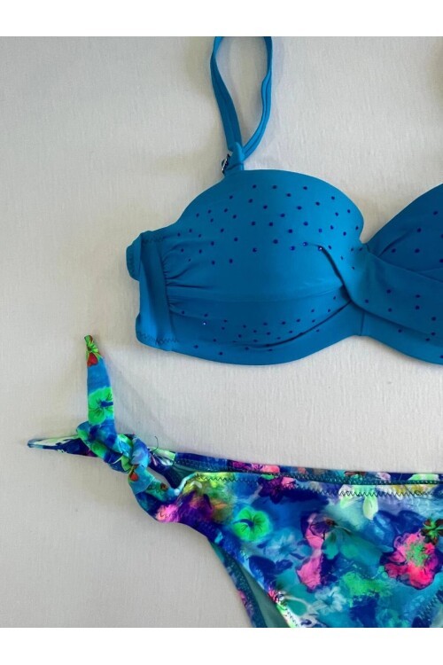 Kadın Mavi Taş İşlemeli Desenli Astarlı Bikini Takım HZL25S-LC203