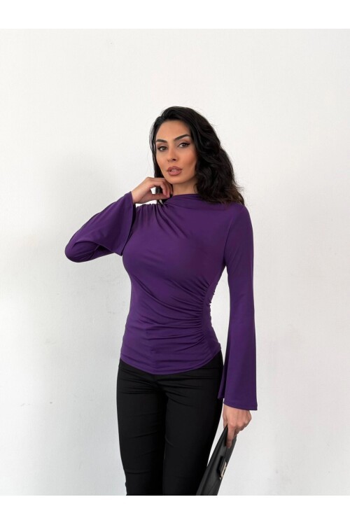 Kadın Mor Drape Detaylı İspanyol Kol Sany Bluz HZL25W-FRY123431
