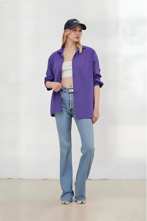 Kadın Mor Oversize Uzun Basic Gömlek Hzl22w-bd139001